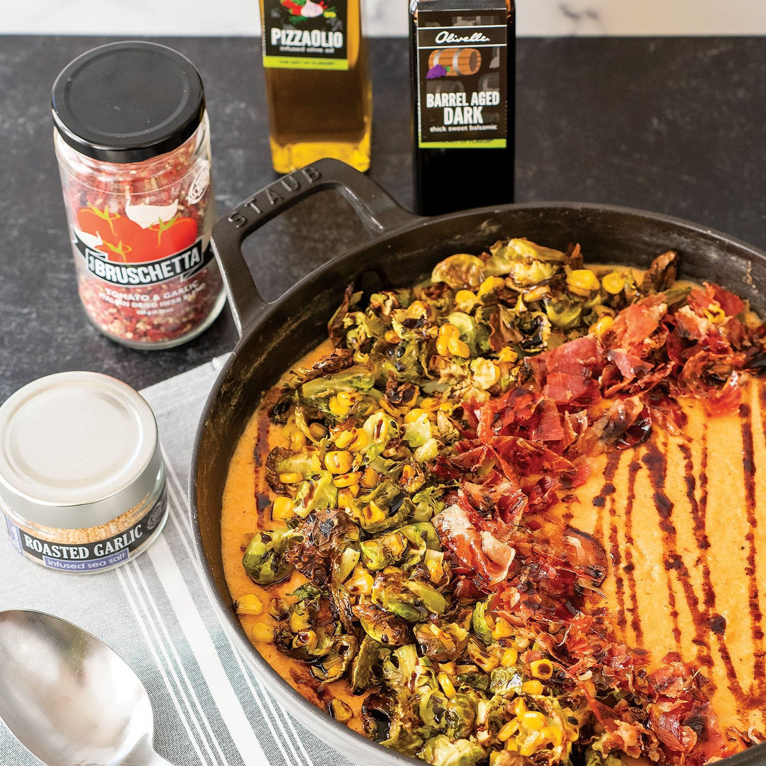 Creamy Polenta with Crispy Pancetta, Brussel Sprouts, and Corn - SEARED LIVING