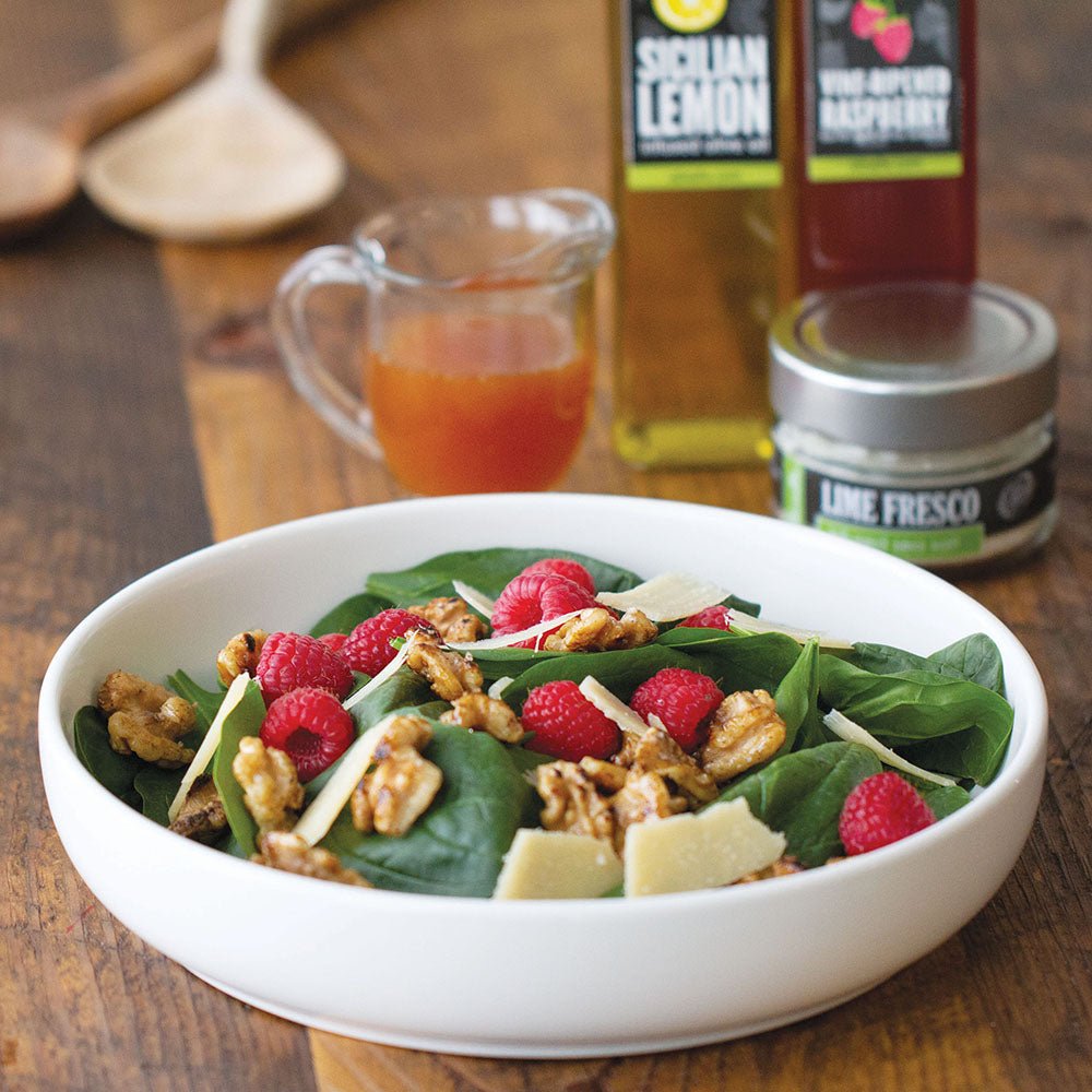 Raspberry Spinach Salad with Balsamic Caramelized Nuts - SEARED LIVING