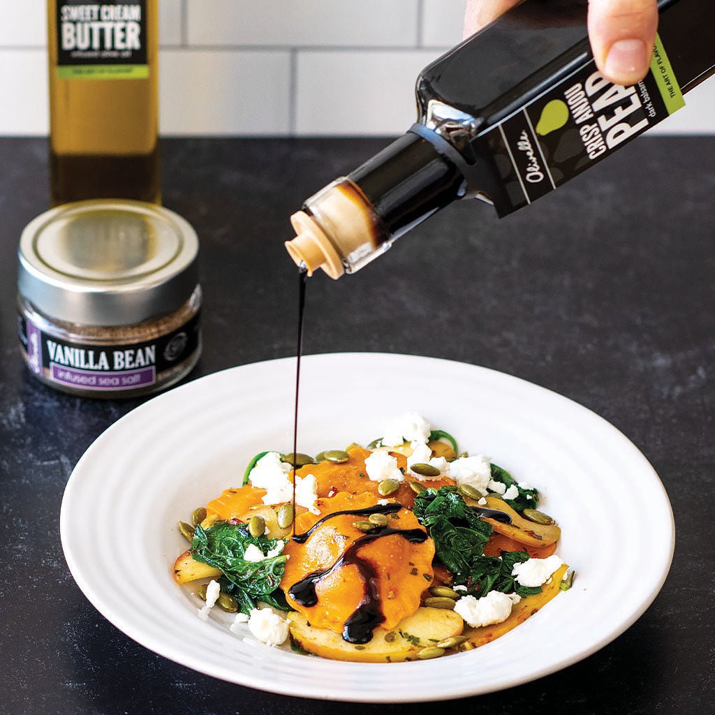 Squash Ravioli with Sautéed Apples and a Pear Balsamic Drizzle - SEARED LIVING